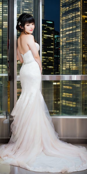 Asian woman standing alone on a skyscraper at midnight, looking back, light wavy  hair, wedding dress, thick body,bare feet, full body,wavy hair with bangs