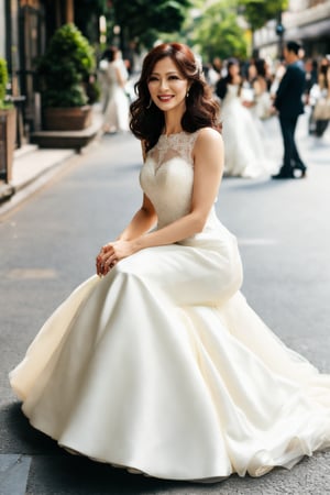 best quality,masterpiece,high detail,
,asian,solo,mature_woman,rimless glasses,thick wavy hair,wedding_dress,full_body,sitting_down  on the street