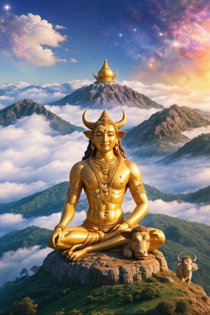 Lord Shiva reclines majestically on a futuristic hillside, his tranquil face illuminated by a warm, golden light. His eyes, like two shimmering stars, seem to hold the secrets of the universe. The ox-like Nandi, his loyal companion, stands guard beside him. The Trishul, an extension of Shiva's divine power, rests against the mountainous backdrop, where wispy clouds and misty valleys unfold like a celestial tapestry. A mesmerizing aura emanates from his being, casting a spell of serenity over the entire scene. In the distance, a kaleidoscope of colourful paint splashes dance across the transparent background, adding an air of whimsy to this already breathtaking masterpiece.