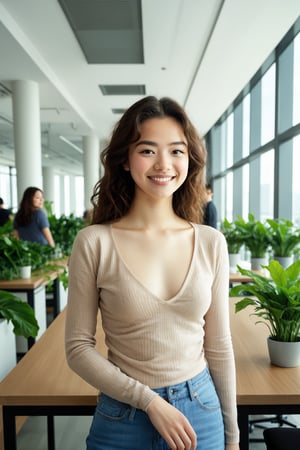 A young woman with wavy brown hair and a gentle smile stands in a modern office. She wears a light-colored V-neck top, exuding warmth and approachability. The office is spacious and well-lit, with large windows revealing a cityscape of tall buildings. Long wooden tables, adorned with green plants, host several individuals engaged in work. The overall atmosphere is dynamic and collaborative, with a mix of people standing and sitting on black office chairs. The image, captured in 8K Ultra HD, highlights the woman in sharp focus against a slightly blurred, bustling background.