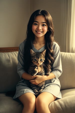 Aria, an 18-year-old Indian-Bengali Instagram influencer, sits comfortably on a plush sofa at home. Her round face and bright blue eyes shine as she gazes adoringly at the super cute kitten cradled in her arms. Her long black hair cascades down her back like a waterfall of night, while her glossy lips curve into a sweet smile. She wears a casual kurti, complementing her youthful charm. The warm lighting and soft focus create a cozy atmosphere, as Aria's innocence and affection for the kitten radiate through the frame.