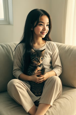 Aria, an 18-year-old Indian-Bengali Instagram influencer, sits comfortably on a plush sofa at home. Her round face and bright blue eyes shine as she gazes adoringly at the super cute kitten cradled in her arms. Her long black hair cascades down her back like a waterfall of night, while her glossy lips curve into a sweet smile. She wears a casual kurti, complementing her youthful charm. The warm lighting and soft focus create a cozy atmosphere, as Aria's innocence and affection for the kitten radiate through the frame.