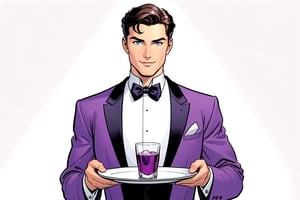 comic book illustration, a male groom dressed in an elegant purple costume holding a plate with drinks, white background ,comic art, graphic novel art, vibrant, highly detailed,3D,T-shirt design,illustration, realistic hands