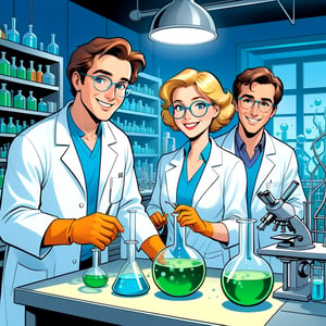comic book illustration, happy scientists in a lab ,comic art, graphic novel art, vibrant, highly detailed,3D,T-shirt design,illustration