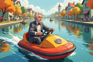 man in an old grey costume riding a pedal boat on the water, dutschy