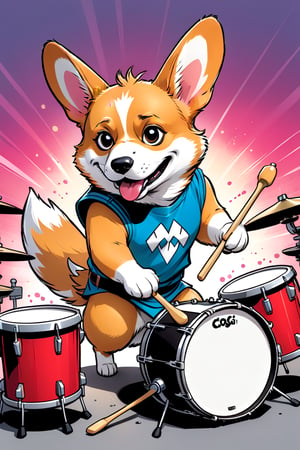 comic book illustration, a corgi playing heavy metal drums, comic art, graphic novel art, vibrant, highly detailed,3D