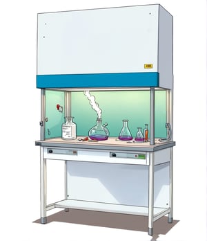 cartoonish style, a small laboratory fume hood, highly detailed, well rendered, (caricature:0.0), comic book, vibrant