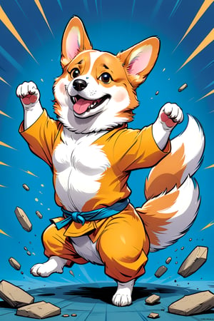 comic book illustration, a corgi doing kung-fu moves, comic art, graphic novel art, vibrant, highly detailed,3D