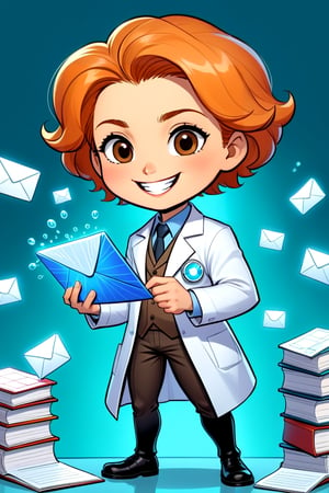 comic book illustration, a smiling scientistanswering an email, graphic illustration, comic art, graphic novel art, vibrant, highly detailed,chibi,3D