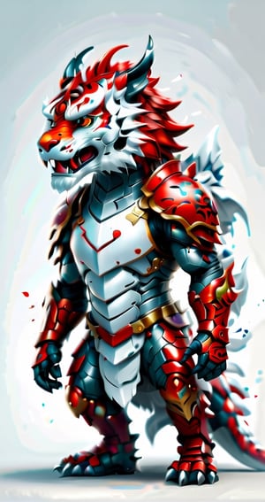 A Potrait side view full body combination of tiger and Dinosour wearing metal armour, clean design, intricate detail, monochromatic color, solid white background, made with adobe illustrator, in the style of Studio Gibli, color splash,3d style,LegendDarkFantasy,photo r3al,Disney pixar style,gkudbz,comic book