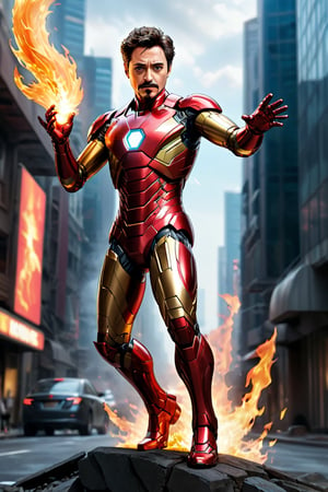 ((full body image of tony stark from iron man movie)) (( Action pose)),flying in a futuristic world, add wing to his suit, red suit,fire, war environment, (Masterpiece, Best quality), (finely detailed eyes), (finely detailed eyes and detailed face), (Extremely detailed CG, intricate detailed, Best shadow), conceptual illustration, (illustration), (extremely fine and detailed), (Perfect details), (Depth of field),more detail XL,action shot,make_3d,3D