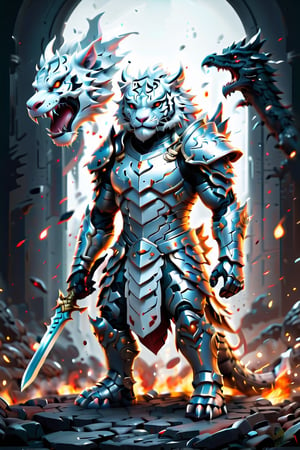 A Potrait side view full body combination of tiger and Dinosour wearing metal armour, war background, sword on hand, clean design, intricate detail, monochromatic color, solid white background, made with adobe illustrator, in the style of Studio Gibli, color splash,3d style,LegendDarkFantasy,photo r3al,Disney pixar style,gkudbz,comic book