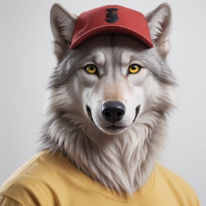 Captured in the foreground, a robust gray anthropomorphic wolf male looks directly at the lens, completely facing the camera without any lateral inclination, his gaze is penetrating and intense, his snout points directly at the lens, he is wearing a yellow T-shirt and a red baseball cap, the light illuminates him from the front, the white background of the studio provides a clean canvas for this bold subject to shine through.