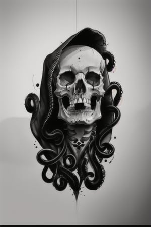Dark comic style, Dark tattoo, 1 skull with a hood, big tentacles at the bottom, black and white, high detail, realistic, high contrast