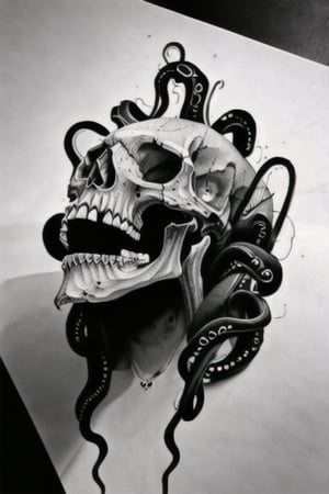 Dark tattoo, skull with a hood, big tentacles at the bottom, black and white, detailed, realistic