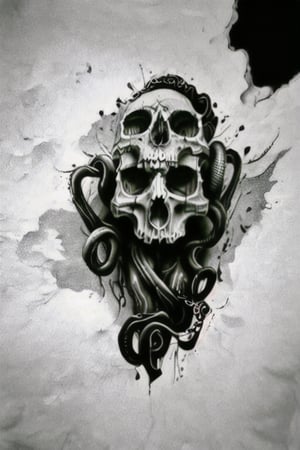 Dark tattoo, skull with a hood, big tentacles at the bottom, black and white, detailed, realistic, high contrast