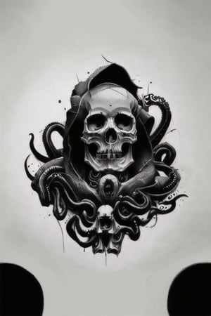 Dark tattoo, skull with a hood, big tentacles at the bottom, black and white, high details, realistic, high contrast 