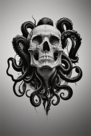 Dark tattoo, skull with big tentacles under it, black and white, detailed, realistic