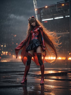 Epic CG masterpiece, Asuka Langley Soryu,hdr,dtm, full ha,8K, ultra detailed graphic tension, dynamic poses, stunning colors, 3D rendering, surrealism, cinematic lighting effects, realism, 00 renderer, super realistic, full - body photos, super vista, super wide Angle, HD(Severe smog:1.1),(It's raining:1.3),Facing the audience,(Raising the weapon in hand:1.1),(messy hair:1.2), (Is attacking the audience with a weapon in hand:1.1)black clother,( wet hair:1.4),(Black transparent pantyhose:1.1)(light anger:1.1)(More halos:1.5)(Floating cape and skirt:1.1)(evil smile:1.1), (red ribbon),(Blood on face:0.8),A shot with tension,(sky glows red,Visual impact,giving the poster a dynamic and visually striking appearance:1.2),
