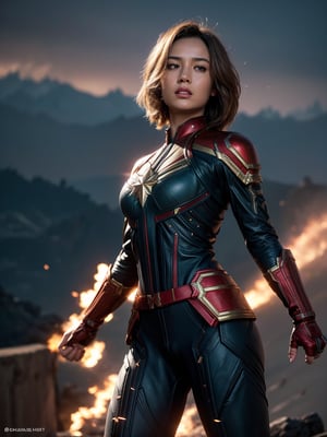 Epic CG masterpiece, Captain Marvel, hdr,dtm, full ha, charging forward battlefield, the burst meteor, the fierce battle of fighting with his life, 8K, ultra detailed graphic tension, dynamic poses, stunning colors, 3D rendering, surrealism, cinematic lighting effects, realism, 00 renderer, super realistic, full - body photos, super vista, super wide Angle, HD