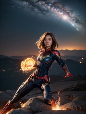 Epic CG masterpiece, Captain Marvel, hdr,dtm, full ha, charging forward battlefield, the burst meteor, the fierce battle of fighting with his life, 8K, ultra detailed graphic tension, dynamic poses, stunning colors, 3D rendering, surrealism, cinematic lighting effects, realism, 00 renderer, super realistic, full - body photos, super vista, super wide Angle, HD