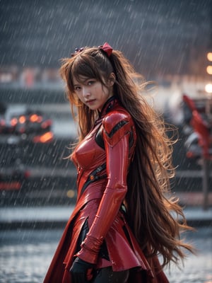 Epic CG masterpiece, Asuka Langley Soryu,hdr,dtm, full ha,8K, ultra detailed graphic tension, dynamic poses, stunning colors, 3D rendering, surrealism, cinematic lighting effects, realism, 00 renderer, super realistic, full - body photos, super vista, super wide Angle, HD(Severe smog:1.1),(It's raining:1.3),Facing the audience,(Raising the weapon in hand:1.1),(messy hair:1.2), (Is attacking the audience with a weapon in hand:1.1)black clother,( wet hair:1.4),(Black transparent pantyhose:1.1)(light anger:1.1)(More halos:1.5)(Floating cape and skirt:1.1)(evil smile:1.1), (red ribbon),(Blood on face:0.8),A shot with tension,(sky glows red,Visual impact,giving the poster a dynamic and visually striking appearance:1.2),