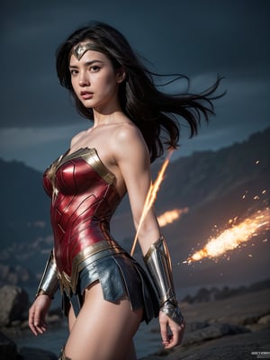 Epic CG masterpiece, Wonder Woman, hdr,dtm, full ha, charging forward battlefield, the burst meteor, the fierce battle of fighting with his life, 8K, ultra detailed graphic tension, dynamic poses, stunning colors, 3D rendering, surrealism, cinematic lighting effects, realism, 00 renderer, super realistic, full - body photos, super vista, super wide Angle, HD