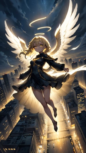 This image depicts an angel woman hovering over a city at night.. City lights create a golden and dramatic atmosphere, Its exquisite shape and black wings contrast sharply with the urban environment. The woman seemed very protective and vigilant.,Eyes,anime