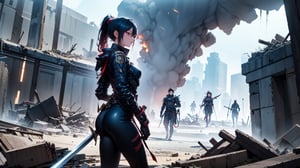 A determined 18-year-old Asian girl stands in a devastated urban battlefield, with the sky covered in thick smoke, casting the entire scene in dark gray tones. Her black hair is tied into a ponytail, and she wears a tattered but sturdy combat suit, with some minor injuries visible on her body. She holds a long sword marked with battle scars. The scene is shot from a low angle, with light slanting in from the left, highlighting her face and the gleam of her sword. The style is realistic, with rich details. The background is a wasteland of collapsed buildings and burning debris, with shadows of enemy troops in the distance.,Yinlin,Wuthering wave