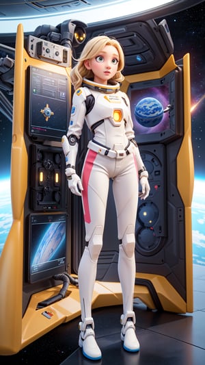 young girl, 12 years old, blond hair, photorealism, pale skin, yellow eyes, slim figure, fantasy space suit, pretty face, symmetrical face, long hair, golden eyelashes, large irises, large pupils, full body, standing in space Launch site on background, art stand, 8K, science fiction, pastel colors, prop, control panel, concept, futuristic, in outer space, a space ship in the sky, technology module
,perfect light,Add more detail