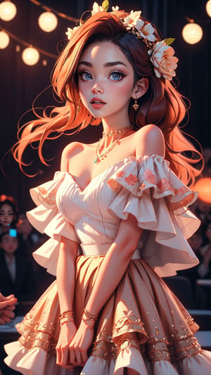 1 Girl, Intricate details, Off-shoulder, skirt, Necklace, Ruffles, transparent, looking at the audience, blush, Blurred background, Floral, Contrasting,SAM YANG