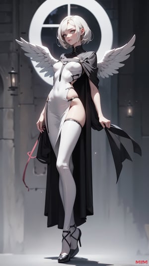 1girl, Female angel in white transparet revealing dress, (full body), revealing legs, gothic cathedral background with lanterns, cinematic palette,realhands,PonySamus,Antilene_Heran_Fouche \(overlord\),hmmikasa