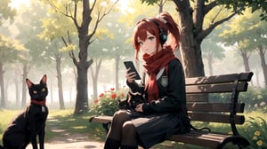 1girl, solo, headphones, holding mobile phone, forest green school uniform, red hair, sitting, ponytail, flower, outdoors, bag, scarf, tree, black cat, nature, scenery, forest, red scarf, bench