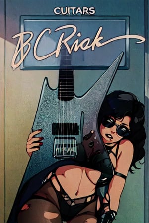retro style , 1980s , flat color,  masterpiece , best quality , highly detailed , high quality, 1 girl , solo, goth girl, emo girl, metalhead girl, heavy metal, curvy girl, big ass, big tits ,leather bra , black straight hair, sunglasses, suggestive pose, playing guitar, very sexy, perfec eyes, red lips, black lace pantyhose, black lingerie, torn pantyhose, combat bots, stud belt, 