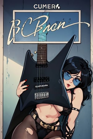 retro style , 1980s , flat color,  masterpiece , best quality , highly detailed , high quality, 1 girl , solo, goth girl, emo girl, metalhead girl, heavy metal, curvy girl, big ass, big tits ,leather bra , black straight hair, sunglasses, suggestive pose, playing guitar, very sexy, perfec eyes, red lips, black lace pantyhose, black lingerie, torn pantyhose, combat bots, stud belt, 