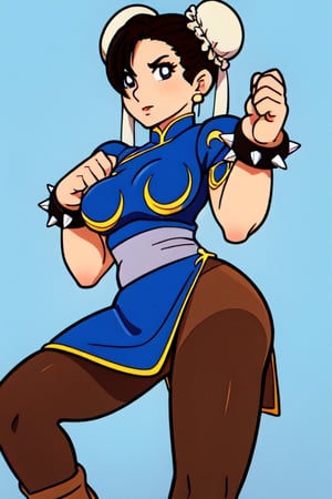 CHUN LI, Street Fighter 2, capcom, solo, asian beauty, ((perfect eyes)), curvy girl, big breast, big limbs, muscle legs, white head buns, blue china dress, (((dark brown pantyhose))), white boxing boots, spike bracelets, chinese, wushu kunf fu pose, manga,