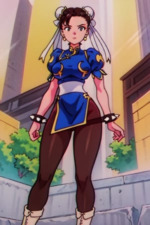 CHUN LI, Street Fighter 2, capcom, solo, asian beauty, ((perfect eyes)), curvy girl, big breast, big limbs, muscle legs, white head buns, blue china dress, (((dark brown pantyhose))), white boxing boots, spike bracelets, chinese, wushu kunf fu pose, Osamu Tezuka style,