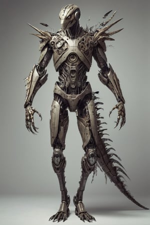 A man with robot arms, reptile legs, bird head, long tail