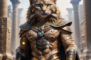 Imagine and depict a majestic male humanoid cat character, exuding regal strength and authority as a revered pharaoh. Envision him adorned in resplendent golden attire, symbolizing his status as a divine ruler of ancient lands. Render the character in full body, standing tall with a commanding presence, his muscular physique conveying both power and grace. Pay meticulous attention to detail in depicting the intricate patterns and embellishments of his golden clothing, reflecting the opulence and grandeur of ancient Egyptian royalty. Capture the character's dignified expression, with eyes that gleam with wisdom and leadership, and posture that radiates confidence and nobility. Utilize lighting and shading techniques to enhance the richness of the golden hues and to create depth and dimensionality in the image. Let the character's aura of royalty and strength resonate throughout the artwork, evoking a sense of awe and reverence in the viewer