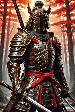 armored samurai warrior, black and red colors, katana sword, samurai swords, tough looking man face, academic classicism, 32k uhd, spectacular backdrops, bronze playfulness, associated press photo,bl1ndm5k,LegendDarkFantasy,Obsidian_Gold