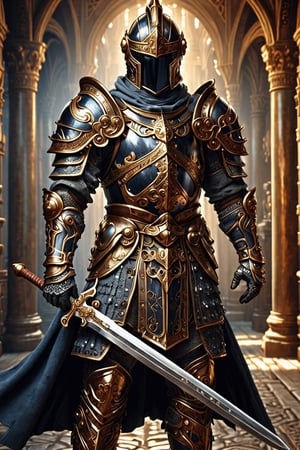 armored warrior, in the style of navy and gold,medieval knight, sword in hand, tough looking man face, academic classicism, 32k uhd, spectacular backdrops, bronze playfulness, associated press photo,bl1ndm5k,LegendDarkFantasy,Obsidian_Gold