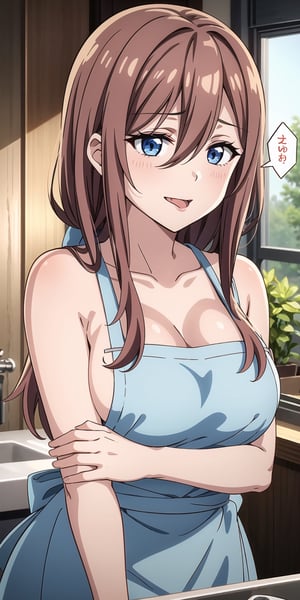 1girl, solo, long hair, breasts, looking at viewer, blush, smile, open mouth, bangs, blue eyes, large breasts, brown hair, cleavage, hair between eyes, bare shoulders, collarbone, one eye closed, tongue, indoors, tongue out, apron, window, naked apron, kitchen, sink,nm1, speech bubble, japan text,speech_bubble