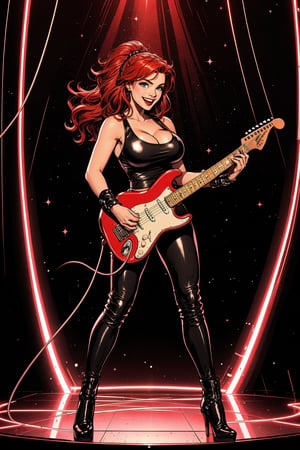 A full body shot of a female teenager, vermillion red hair, wearing a sparkly outfit, Electric guitar on stage, Her long hair bounces with each hit as she plays a lively rhythm, her eyes shining with excitement. psychodelic lighting create a dreamy atmosphere, while the composition emphasizes her joyful energy. Leather rocker outfit, tight tanktop, big breasts, big tits, bis chest, wide hips, cute smile