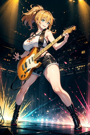 A full body shot of a female teenager, orange blonde hair, wearing a sparkly outfit, ponytail, Electric guitar on stage, Her long hair bounces with each hit as she plays a lively rhythm, her eyes shining with excitement. psychodelic lighting create a dreamy atmosphere, while the composition emphasizes her joyful energy. Leather rocker outfit, tight tanktop, big breasts, big tits, bis chest, wide hips, cute smile, torn shorts