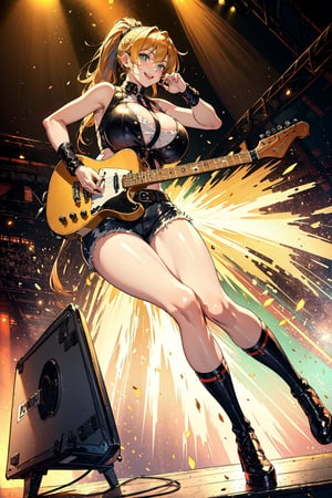 A full body shot of a female teenager, orange blonde hair, wearing a sparkly outfit, ponytail, Electric guitar on stage, Her long hair bounces with each hit as she plays a lively rhythm, her eyes shining with excitement. psychodelic lighting create a dreamy atmosphere, while the composition emphasizes her joyful energy. Leather rocker outfit, tight tanktop, big breasts, big tits, bis chest, wide hips, cute smile, torn shorts