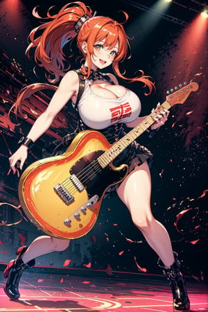 A full body shot of a female teenager, vermillion red hair, wearing a sparkly outfit, ponytail, Electric guitar on stage, Her long hair bounces with each hit as she plays a lively rhythm, her eyes shining with excitement. psychodelic lighting create a dreamy atmosphere, while the composition emphasizes her joyful energy. Leather rocker outfit, tight tanktop, big breasts, big tits, bis chest, wide hips, cute smile