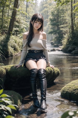 主：(((Beside a misty forest stream))),((sitting)),((Full body image)),
人：1litte 1kid 7yo gril (Child:1.2),
優：SD 1.5,(Stepping on ripples in the water),
體：(Beautiful little girly body proportions),(smaller body frame),
髮：(bangs),(((long hair))),
服：(Student uniform), (mini pleated skirt),(black compression tights), (((boots))),(((Off the shoulders))),(((shoulderless, low-cut))), ((trendy belt)),