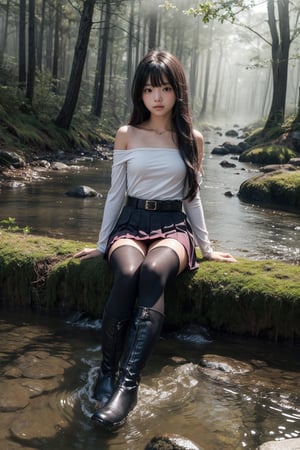 主：(((Beside a misty forest stream))),((sitting)),((Full body image)),
人：1litte 1kid 7yo gril (Child:1.2),
優：SD 1.5,Stepping on ripples in the water,
體：(Beautiful little girly body proportions),(smaller body frame),
髮：(bangs),(((long hair))),
服：(Student uniform), (mini pleated skirt),(black compression tights), (((boots))),(((Off the shoulders))),(((shoulderless, low-cut))), ((trendy belt)),