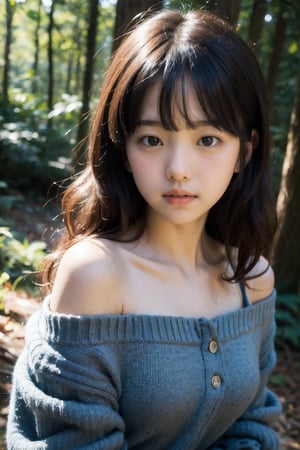 景：(((Deep in the woods))),
主：(((Head photo from chest up))),
人：1litte 1kid 7yo gril (Child:1.2), Korean beauty,
體：[[Breast:1.3]],
髮：(((bangs))), (((Long curly hair))),
服：Off the shoulder,off shoulder vest,