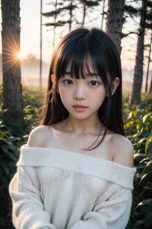 主：(Misty woods under sunset),
人：1litte 1kid 7yo gril (Child:1.2), Korean beauty,
優：With a very high artistic composition style,
髮：(long hair),(((bangs))), 
服：Off-the-shoulder,